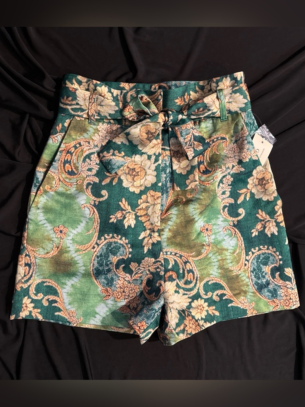 Marciano High-Waist Floral Paisley Shorts in Green and Gold